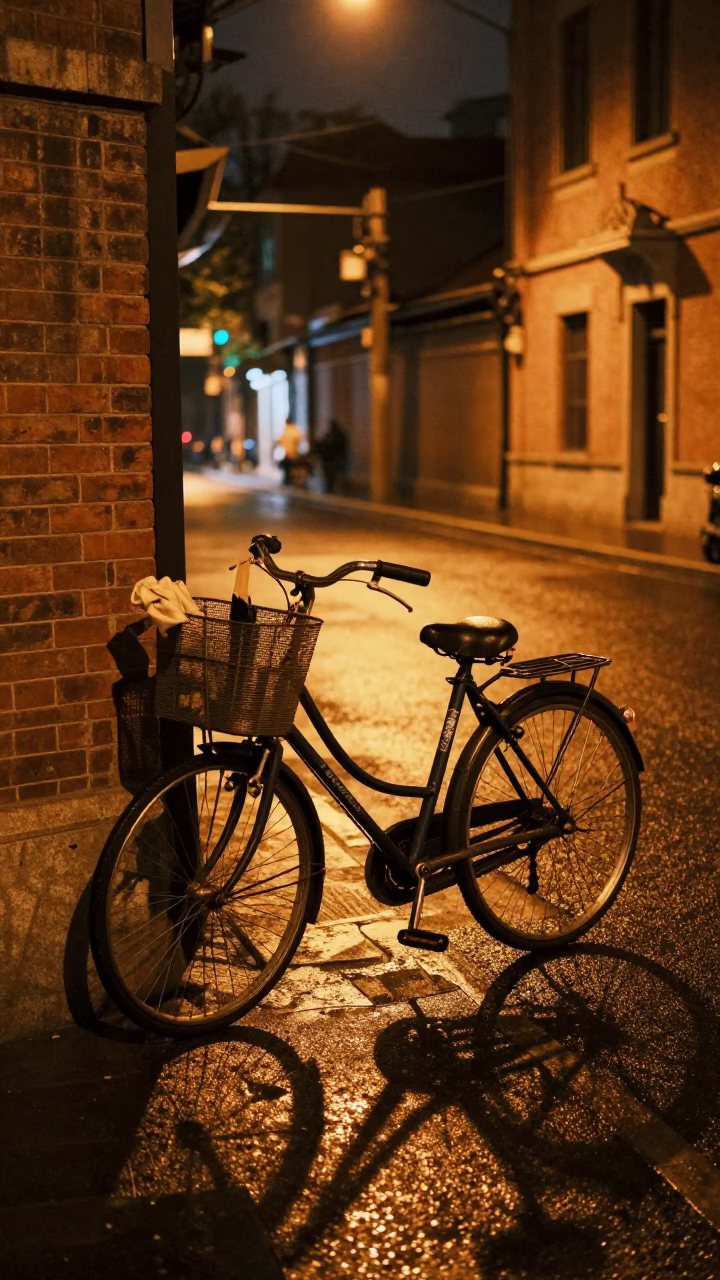 Midnight Shanghai Street Scene with Bicycle Basket and Sodium Lamp Reflections in in Shanghai, China