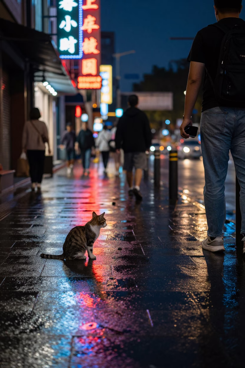 Midnight Shanghai Street Scene with Cat and Neon Reflections in in Shanghai, China