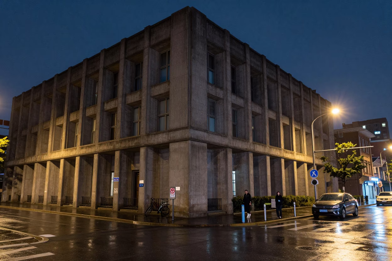 Midnight Shanghai Street Scene with Concrete Brutalist Architecture and Raincoats in in Shanghai, China