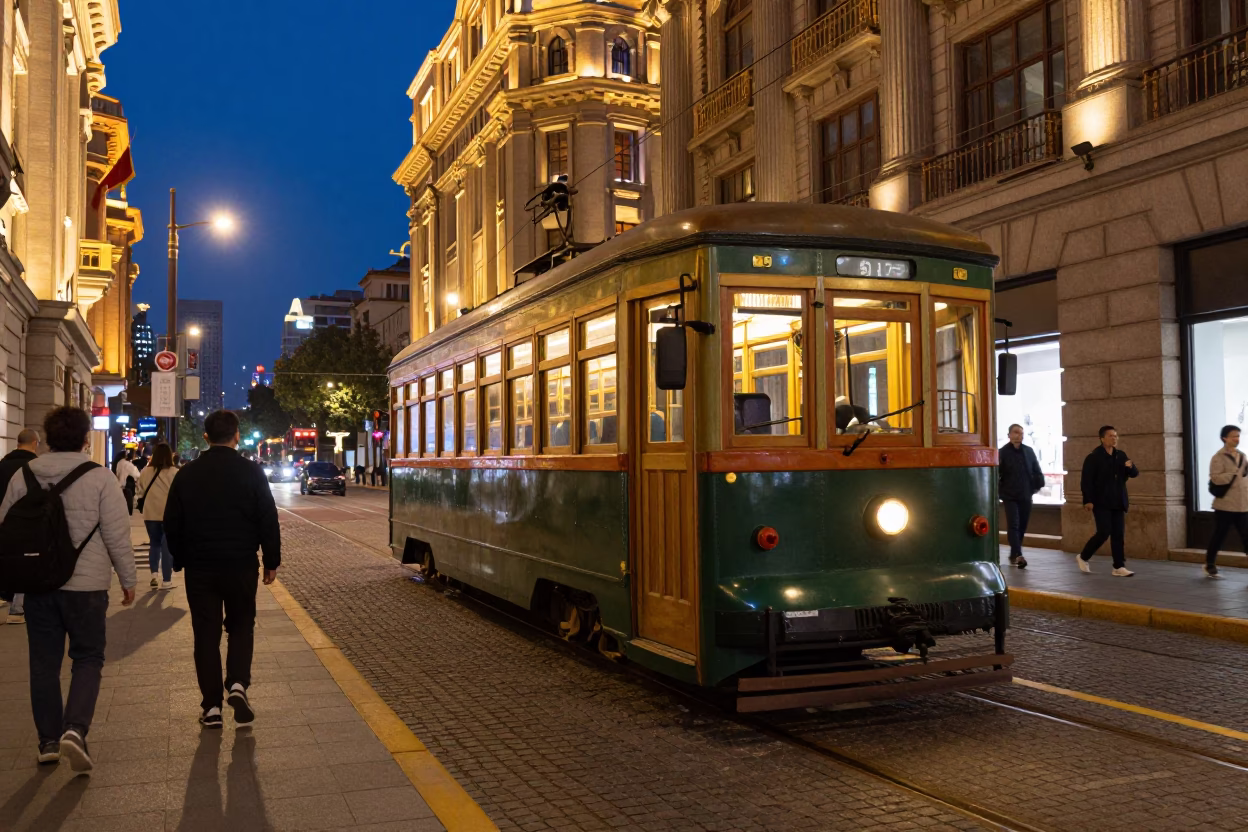 Midnight Shanghai Street Scene with Heritage Tram and Urban Life in in Shanghai, China