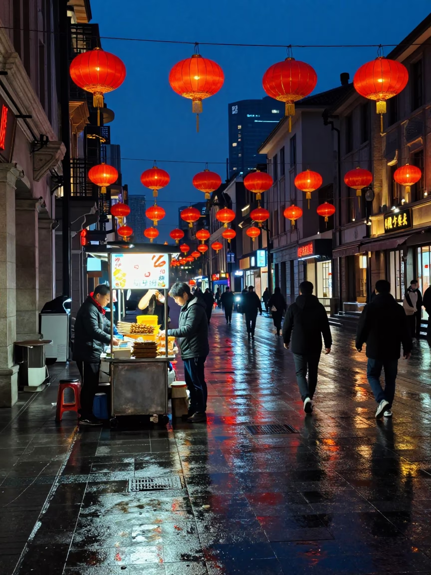 Midnight Shanghai Street Scene with Lanterns and Neon Reflections in in Shanghai, China