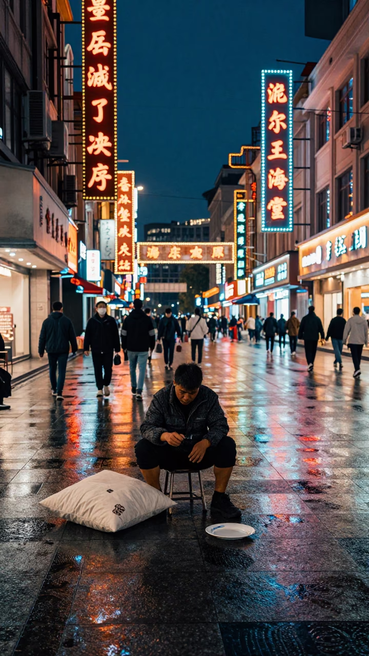 Midnight Shanghai Street Scene with Pillow and Plate on Busy Urban Sidewalk in in Shanghai, China