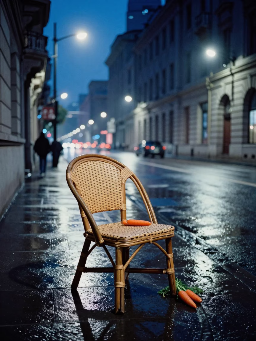 Midnight Shanghai Street Scene with Rattan Chair and Carrots in Neon Light in in Shanghai, China