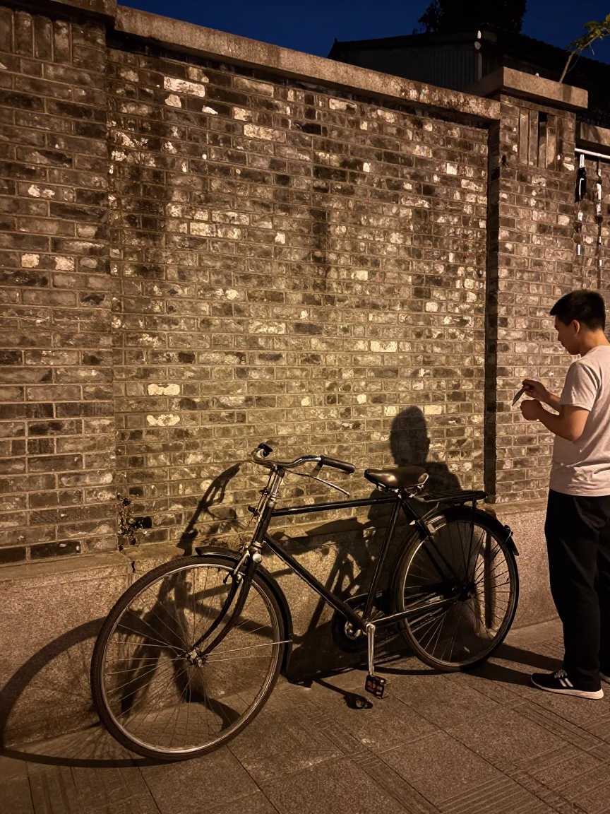 Midnight Shanghai Street Scene with Vintage Bicycle and Coffee Cupper in in Shanghai, China