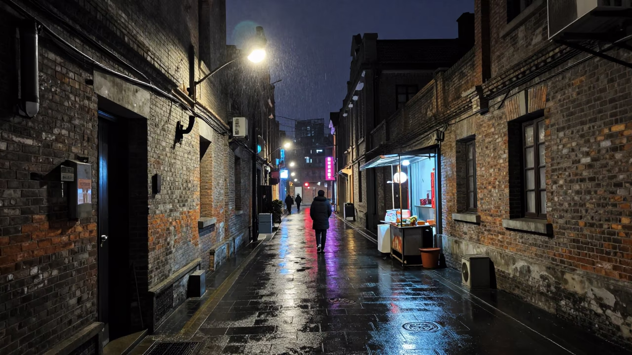 Midnight Shanghai street scene with wet pavement and neon lights reflecting on brick buildings in in Shanghai, China
