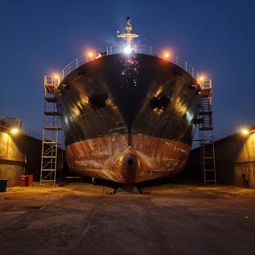 Midnight Shipyard Dry Dock Karbala Tanker Scaffolding in across an active works site near Karbala