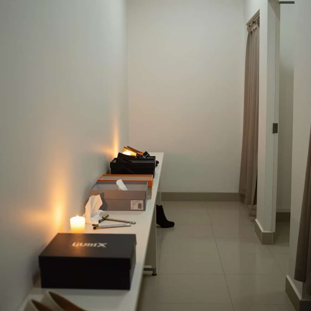 Midnight Shoe Fitting Bench with Candlelight in inside a fitting room corridor in Bandar Lampung