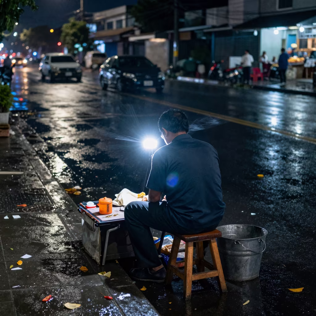 Midnight Shoe Shine on Davao Sidewalk in along a market-lined side street in Davao