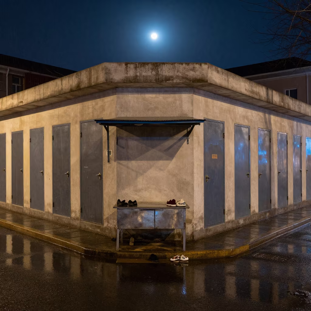 Midnight Shoe Shine Stand Rain Tianjin in by a rain-darkened kiosk in Tianjin
