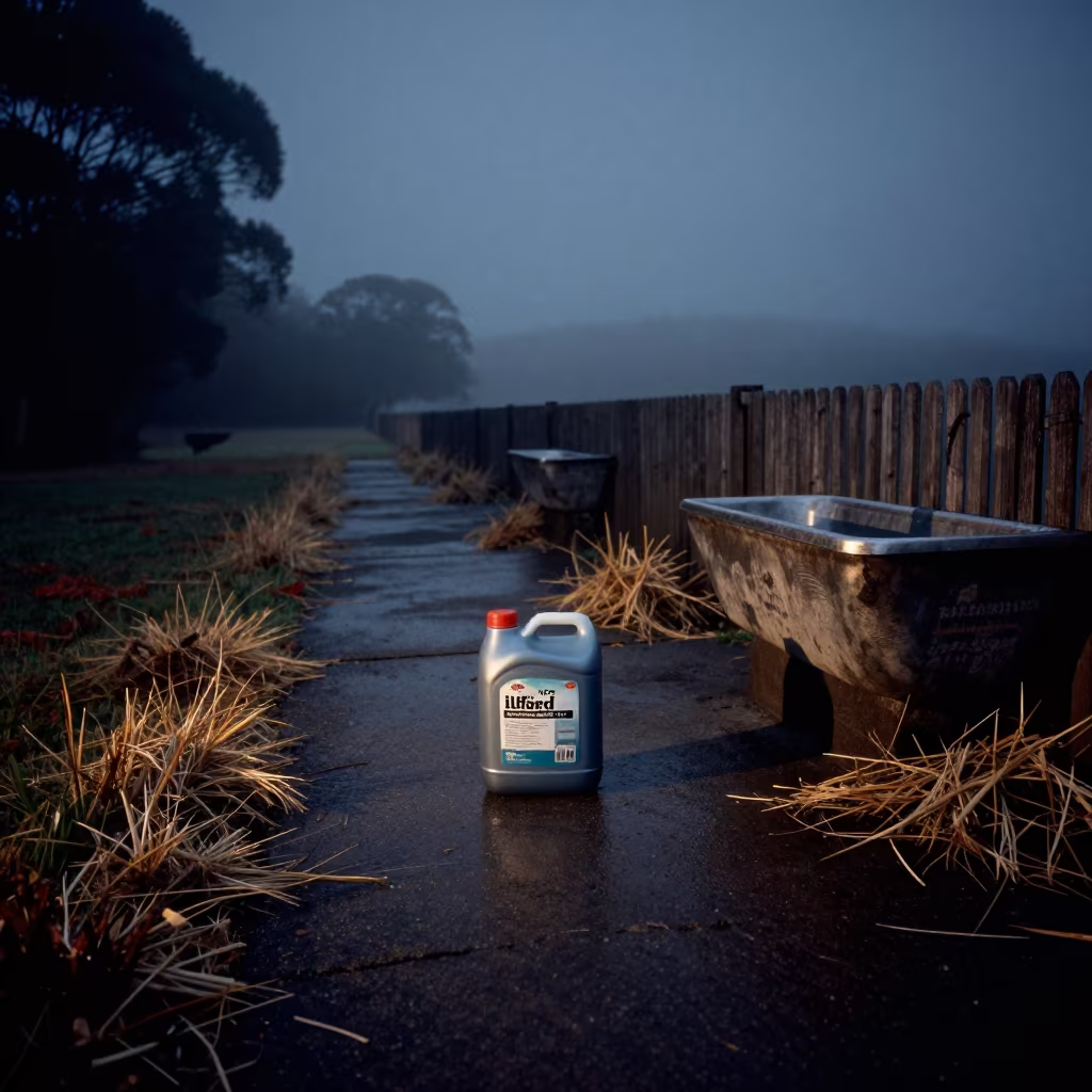 Midnight Silage Jug Stand in Tasmanian Mist in near a windbreak and water trough in Tasmania