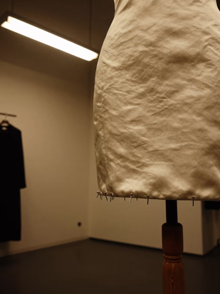 Midnight Silk Fitting in Bergamo Showroom in inside a minimalist showroom in Bergamo