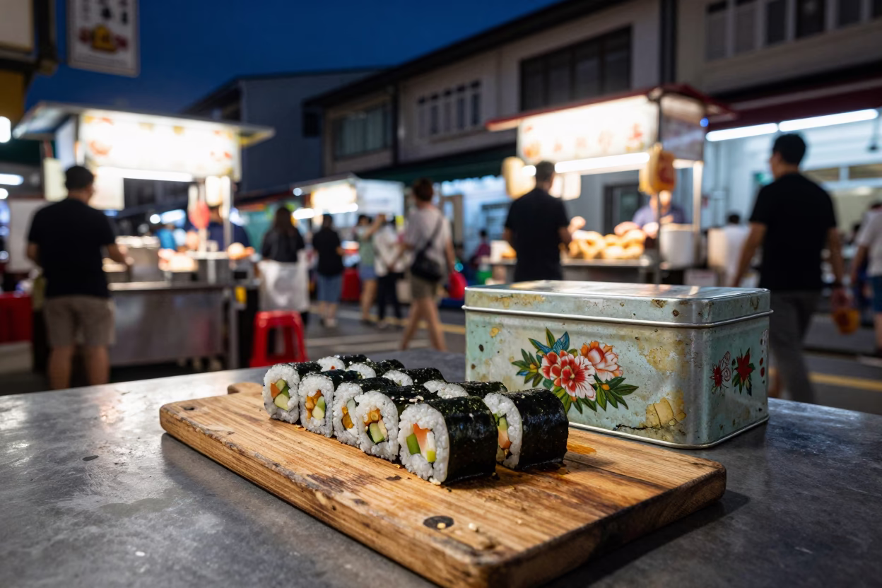 Midnight Singapore Street Scene with Cookie Tin and Sushi Board in in Singapore, Singapore