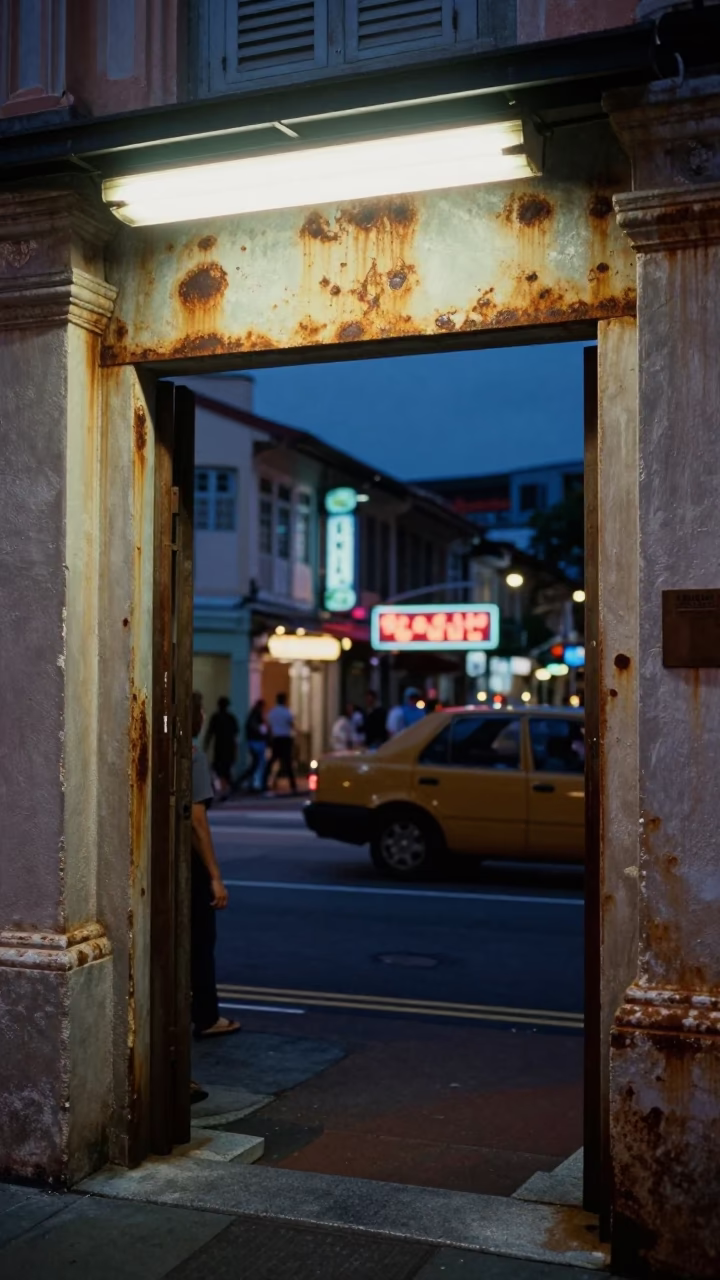 Midnight Singapore Street Scene with Rusty Doorframe and Neon Lights in in Singapore, Singapore