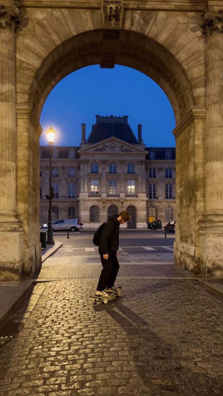 Midnight Skateboard Session on Parisian Cobblestones Near Historic Stone Archway in in Paris, France