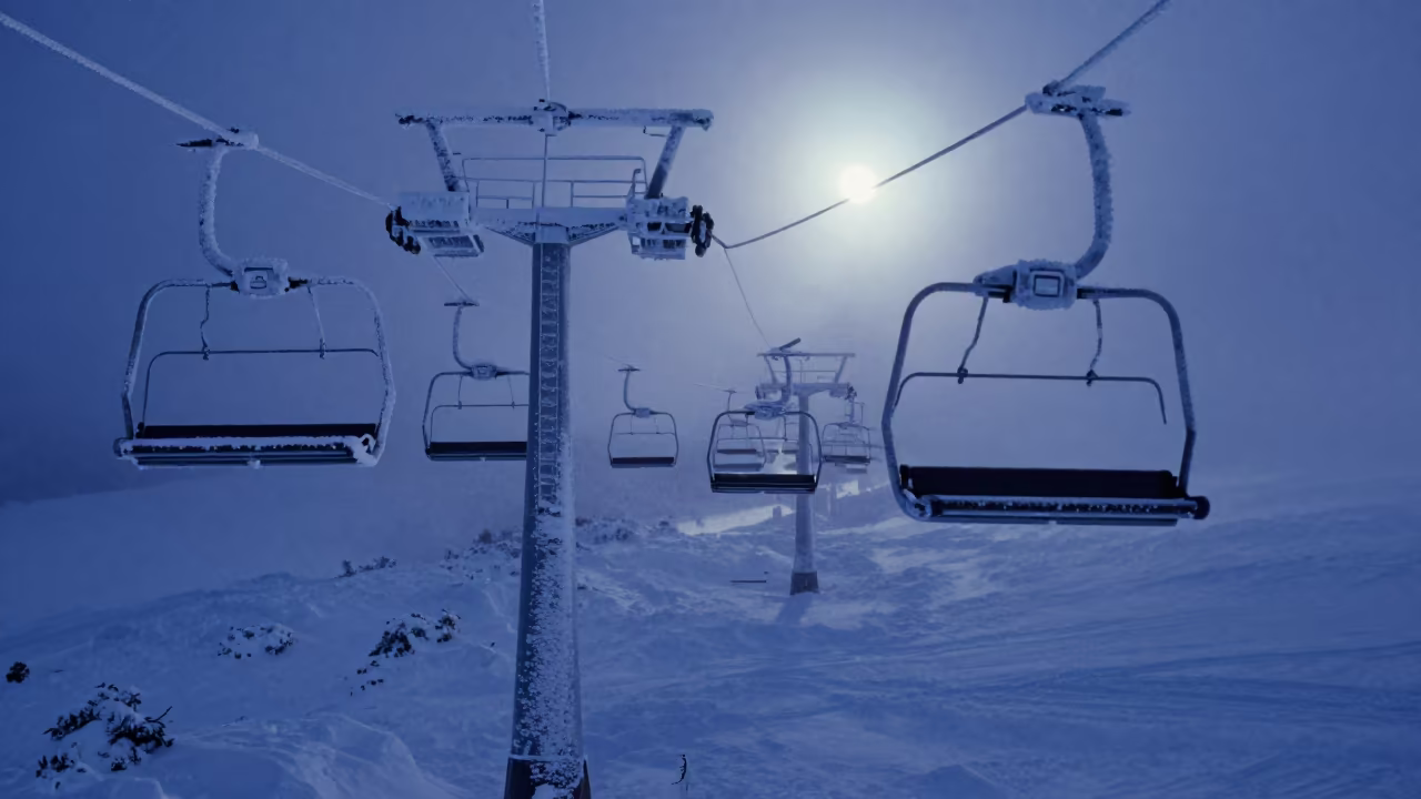 Midnight Ski Lift in Early Winter Fog in near Santos
