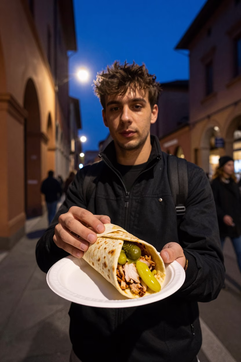 Midnight Snack at Midnight Light in Bologna in in Bologna, Italy