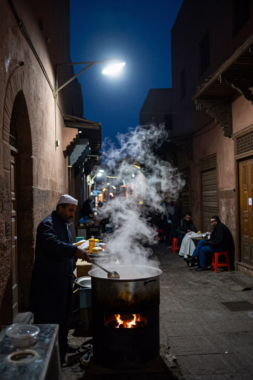 Midnight Souk Street Scene in Marrakech Morocco with Steaming Pot and Tea Towel in in Marrakech, Morocco