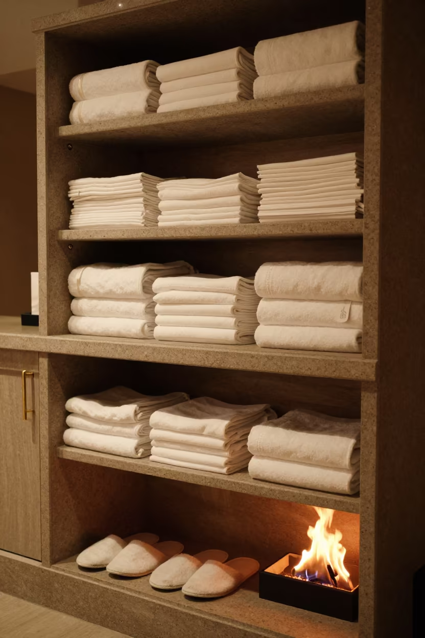 Midnight Spa Cabinet Brass Stone Linens Firelight in inside a spa reception in Sosnowiec