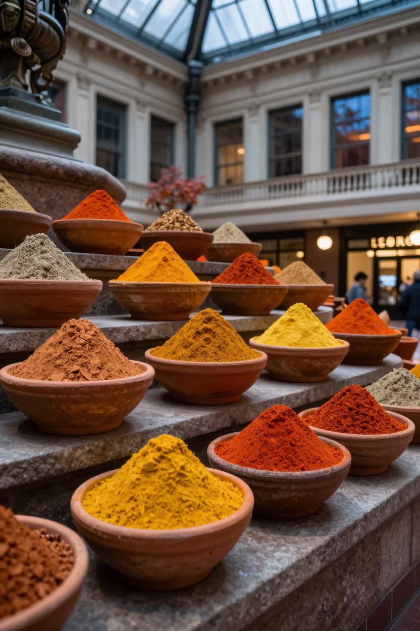 Midnight Spice Powders in Terracotta Bowls in inside a vaulted atrium in Old City, Philadelphia