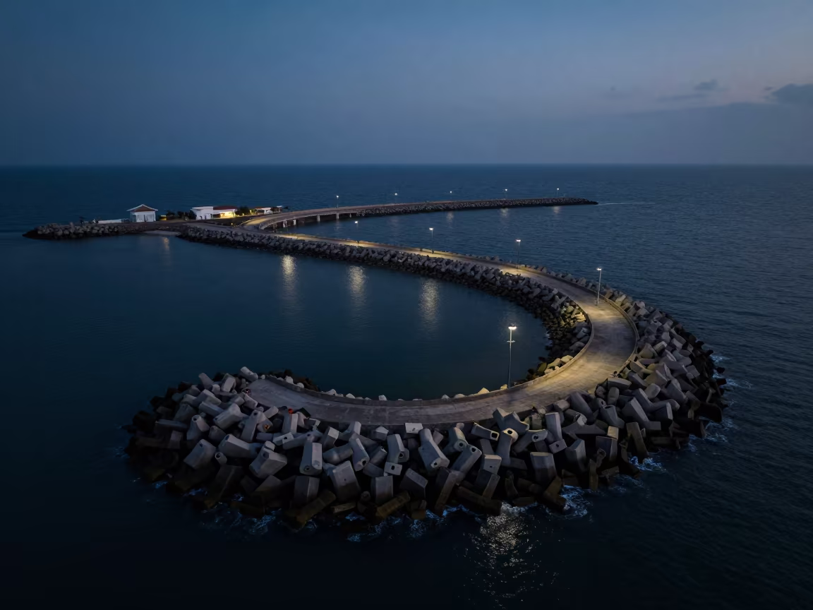 Midnight Spiral Harbor Breakwater Tanzania in across a windy overpass interchange in Tanzania