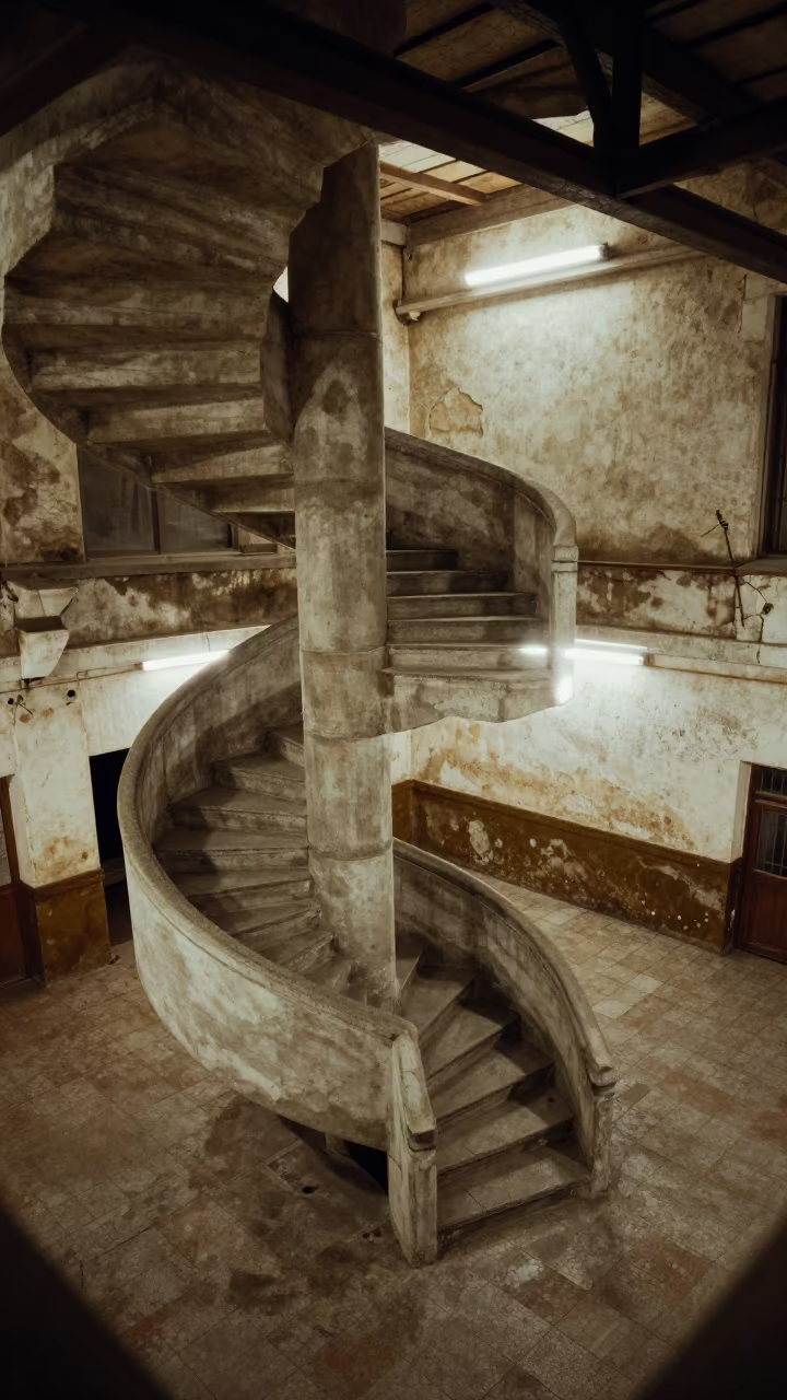 Midnight Spiral Staircase in Kokand Terminal in inside a restored train terminal in Kokand