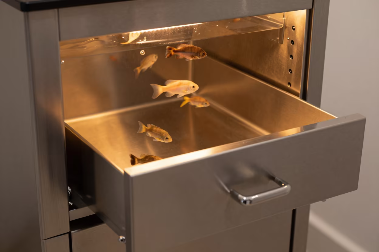 Midnight spray tan room with floating fish in inside a skincare treatment room in Utrecht