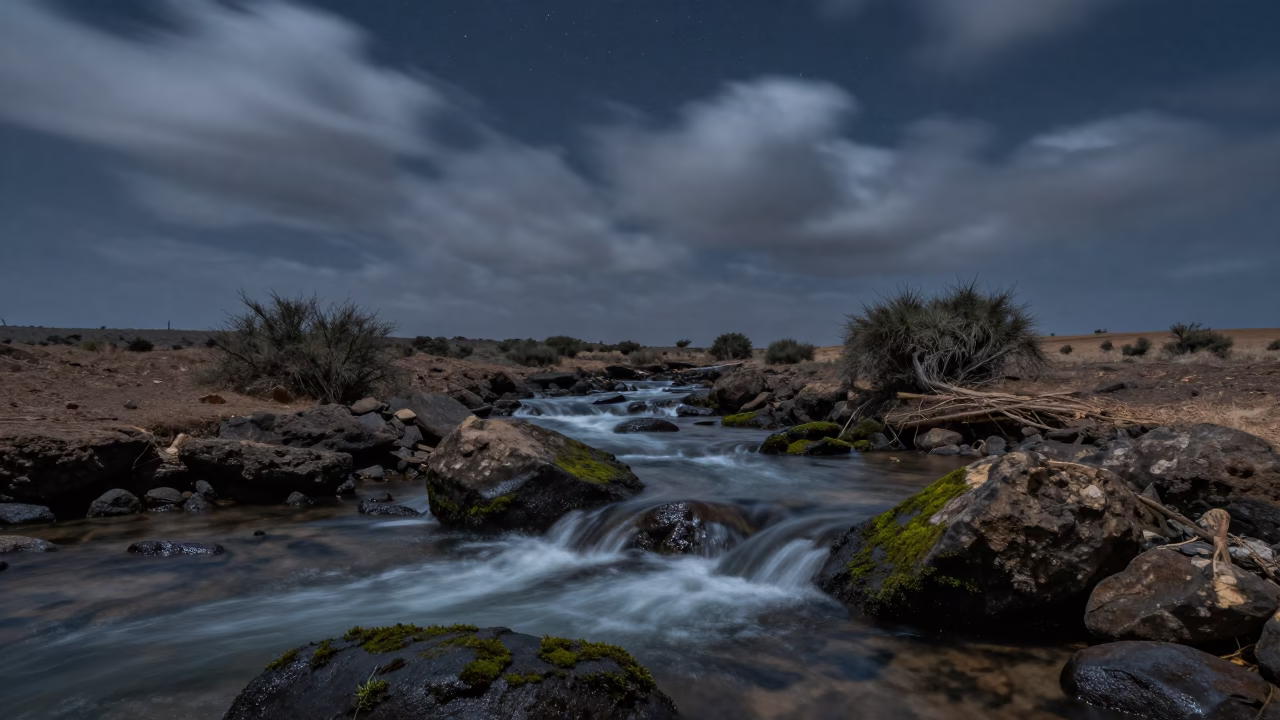 Midnight Starlight on Djibouti Forest Stream in beneath fast-moving cloud bands in Djibouti