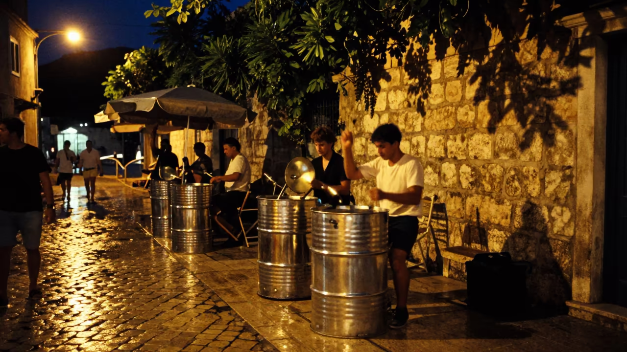 Midnight Steel Drum Busker in Budva Street in at a street corner busking spot in Budva