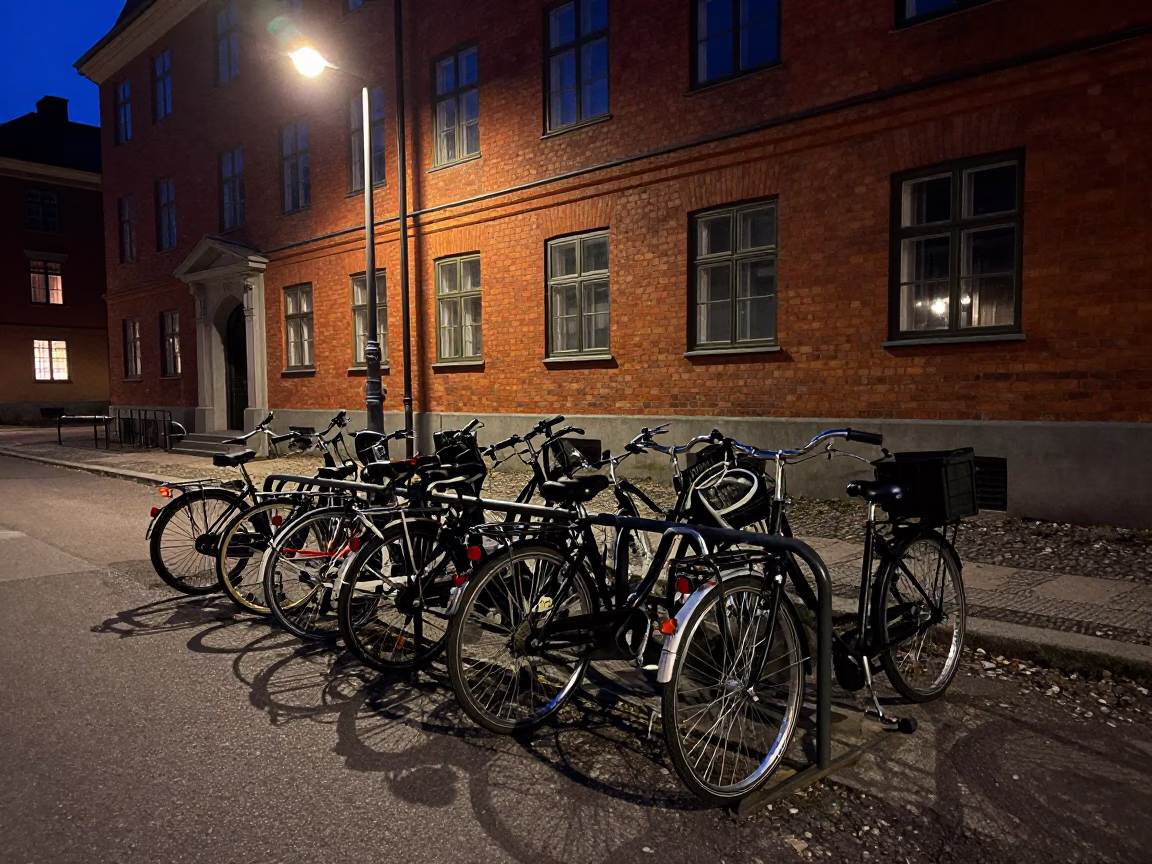 Midnight Stockholm Campus Bicycle Rack Outside Red Brick Lecture Building with Condensation in in Stockholm, Sweden