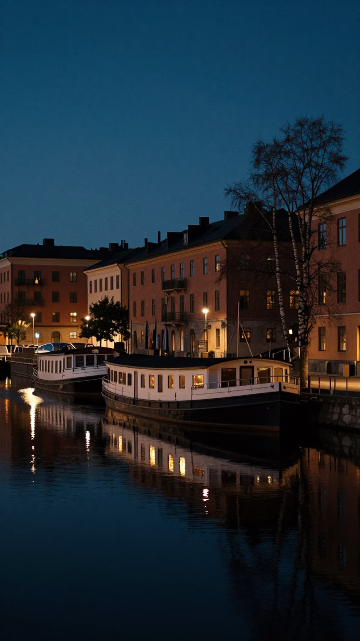 Midnight Stockholm Canal Houseboat and Birch Forest Reflections in in Stockholm, Sweden