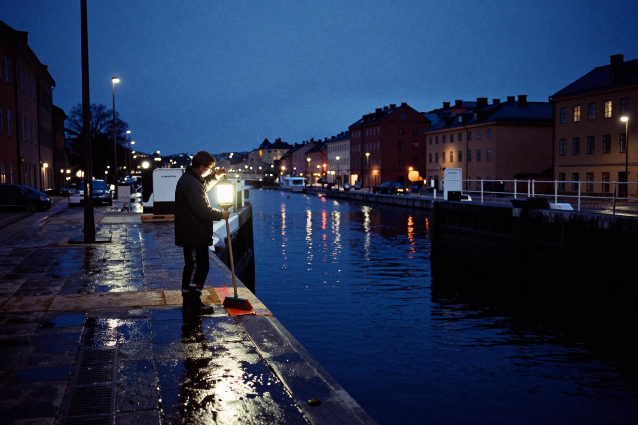 Midnight Stockholm Canal Lock Maintenance with Lantern and Broom in in Stockholm, Sweden