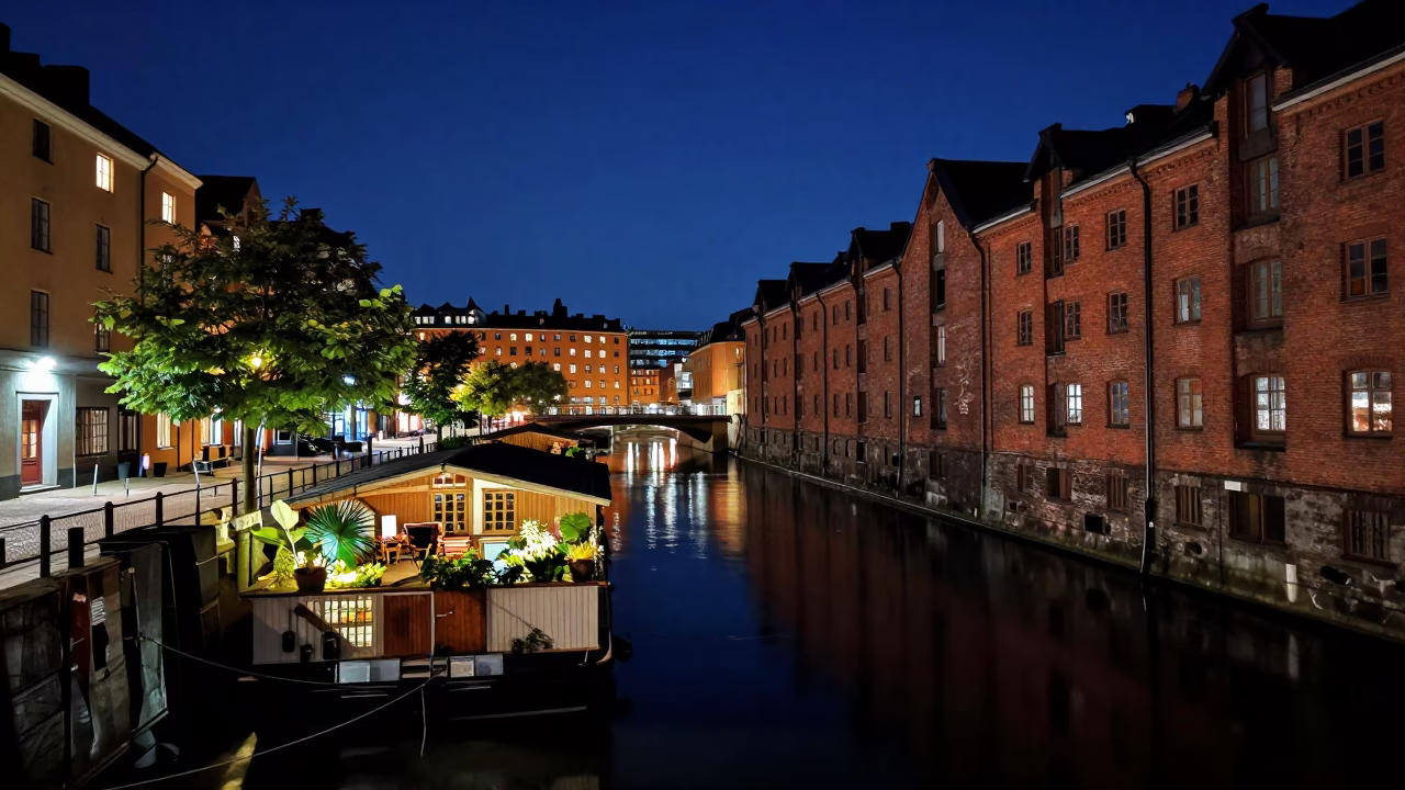 Midnight Stockholm Canal Scene with Houseboat Garden and Floodlit Bridge in in Stockholm, Sweden