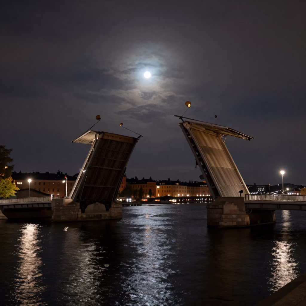 Midnight Stockholm Drawbridge Bascule Span Paused Against Moonlit Sky in in Stockholm, Sweden