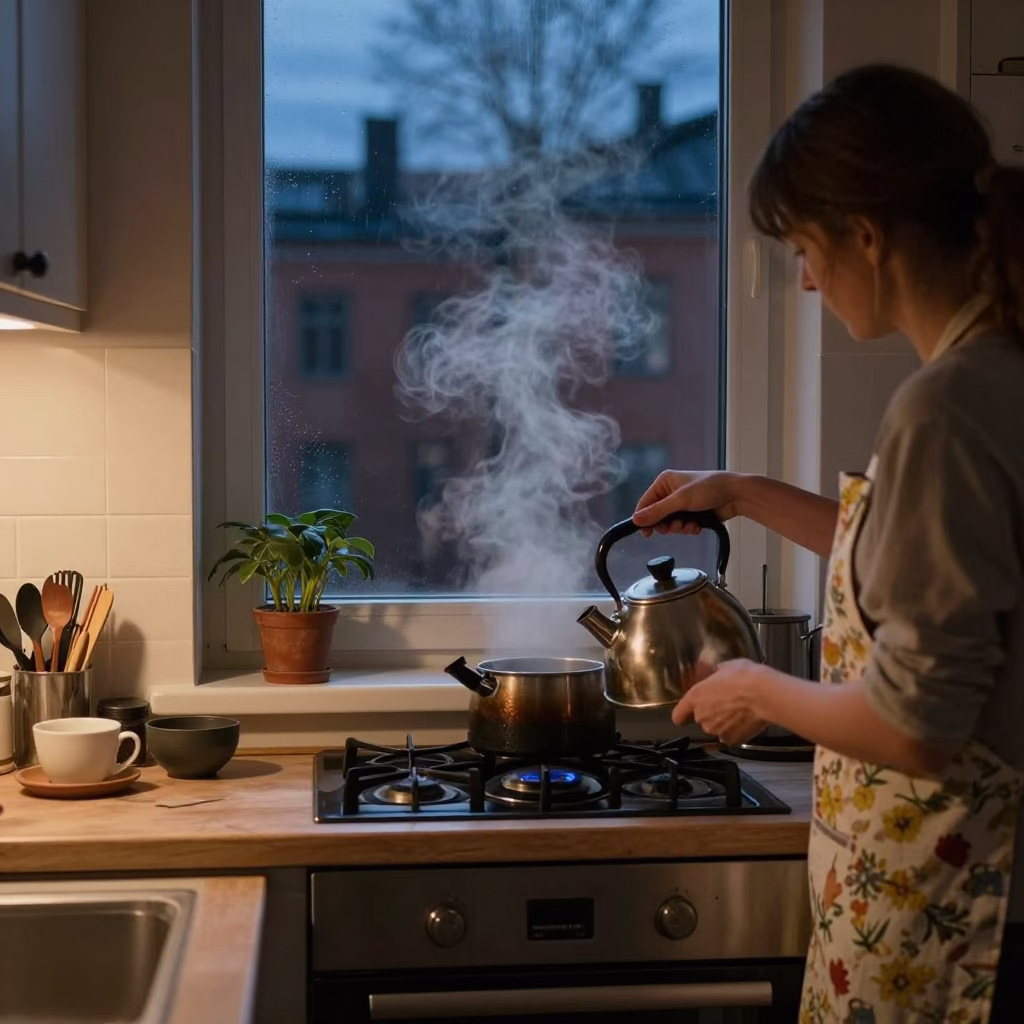 Midnight Stockholm Kitchen Interior with Steam and Domestic Details in in Stockholm, Sweden