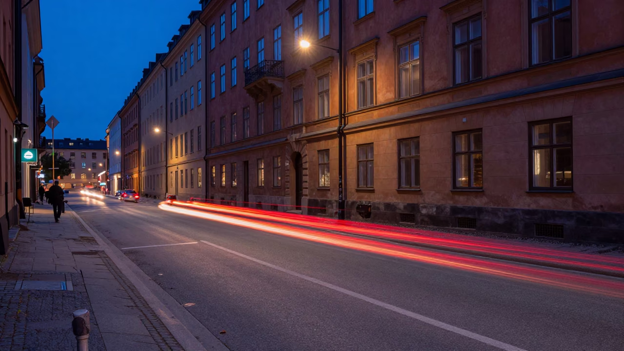 Midnight Stockholm Street Scene with Car Headlight Trails and Urban Rust Details in in Stockholm, Sweden