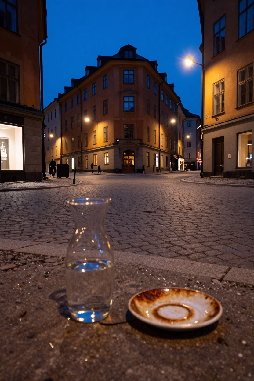Midnight Stockholm Street Scene with Carafe and Rusty Saucer on Cobblestone Sidewalk in in Stockholm, Sweden