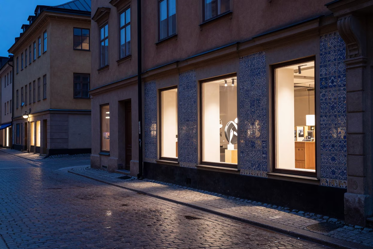 Midnight Stockholm Street Scene with Ceramic Tiles and Window Light Reflections in in Stockholm, Sweden