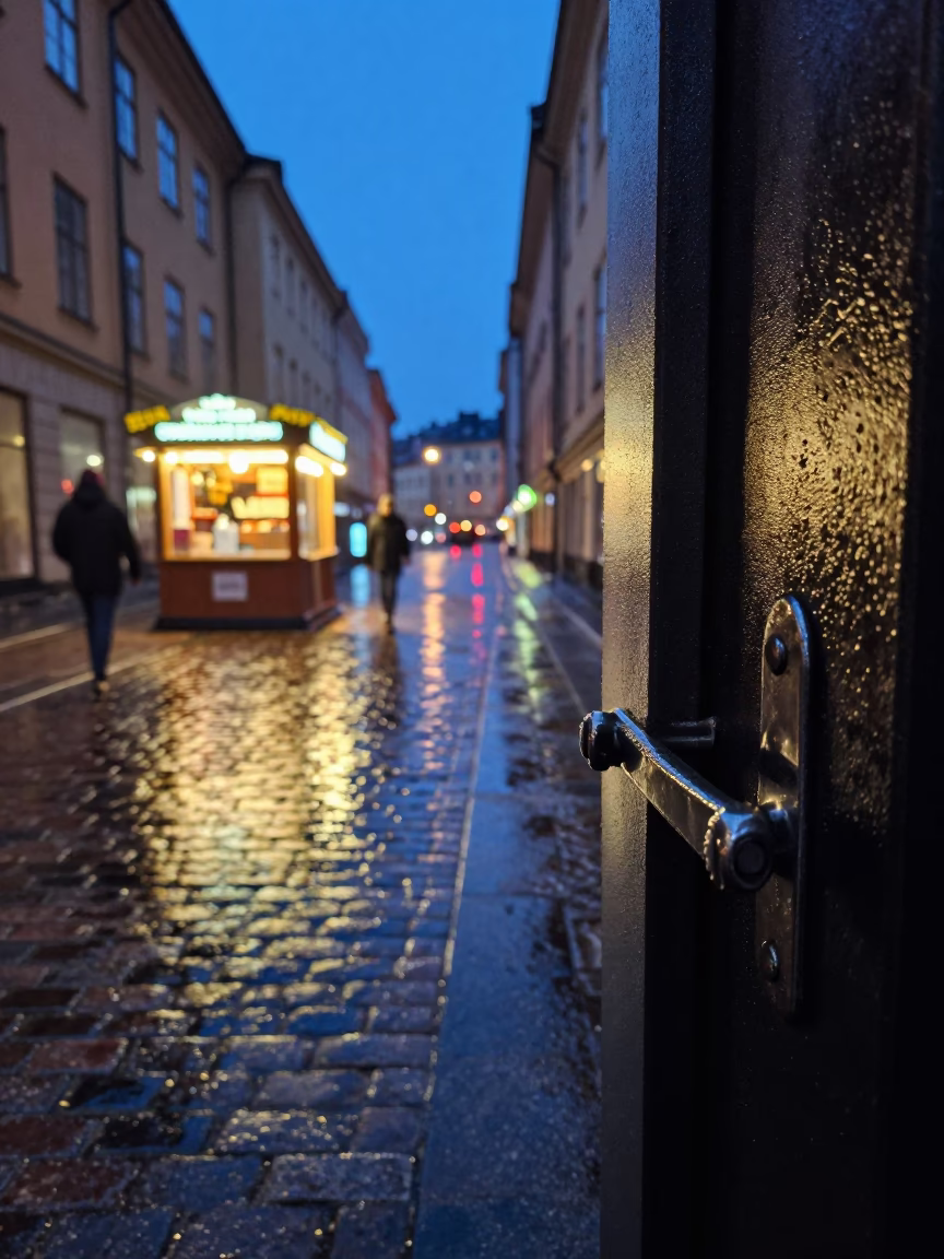Midnight Stockholm Street Scene with Condensation on Latch and Spindle Chair Interior in in Stockholm, Sweden