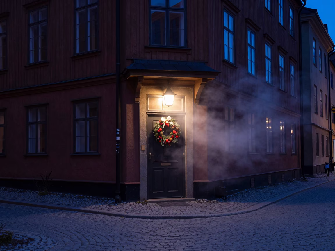 Midnight Stockholm Street Scene with Door Wreaths and Steam Haze in Sweden in in Stockholm, Sweden