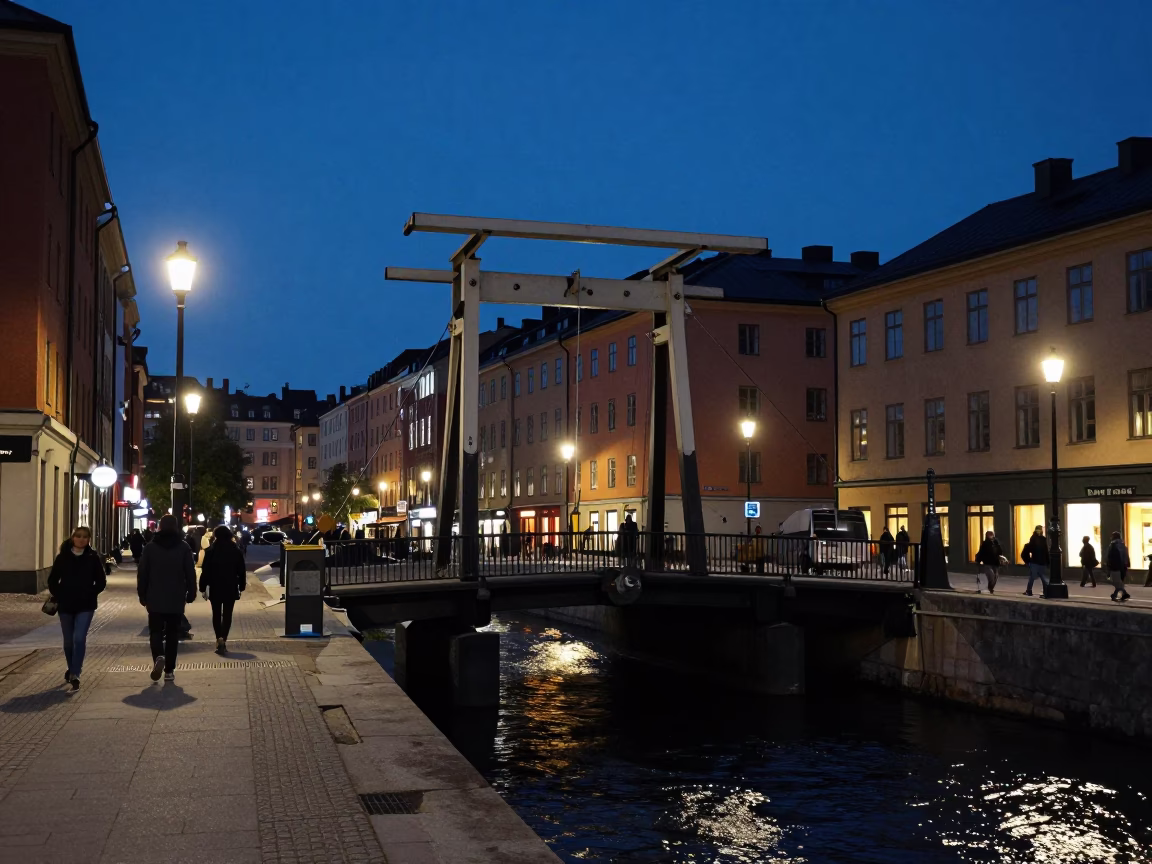 Midnight Stockholm Street Scene with Drawbridge Counterweight and Urban Activity in in Stockholm, Sweden