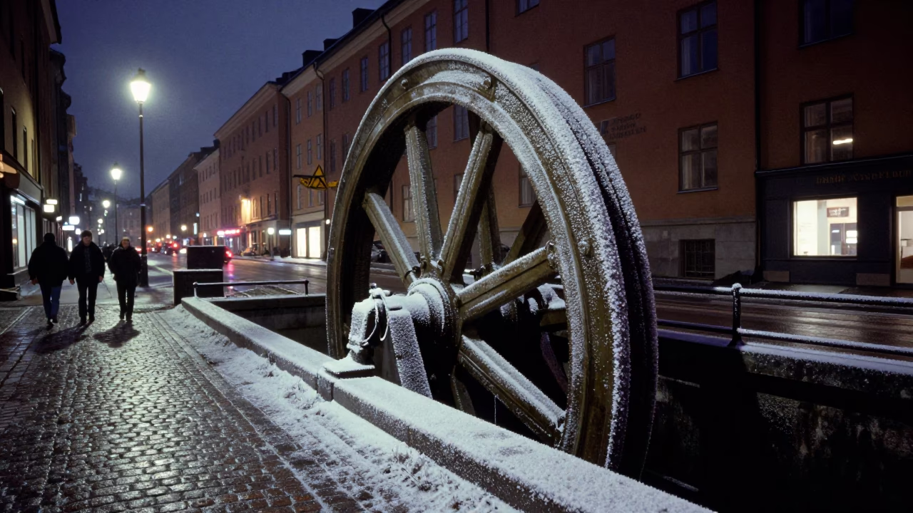 Midnight Stockholm Street Scene with Frosty Sluice Gate Wheel and Ferry Dock in in Stockholm, Sweden