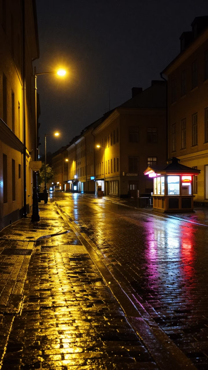 Midnight Stockholm Street Scene with Neon Reflections and Urban Details in in Stockholm, Sweden