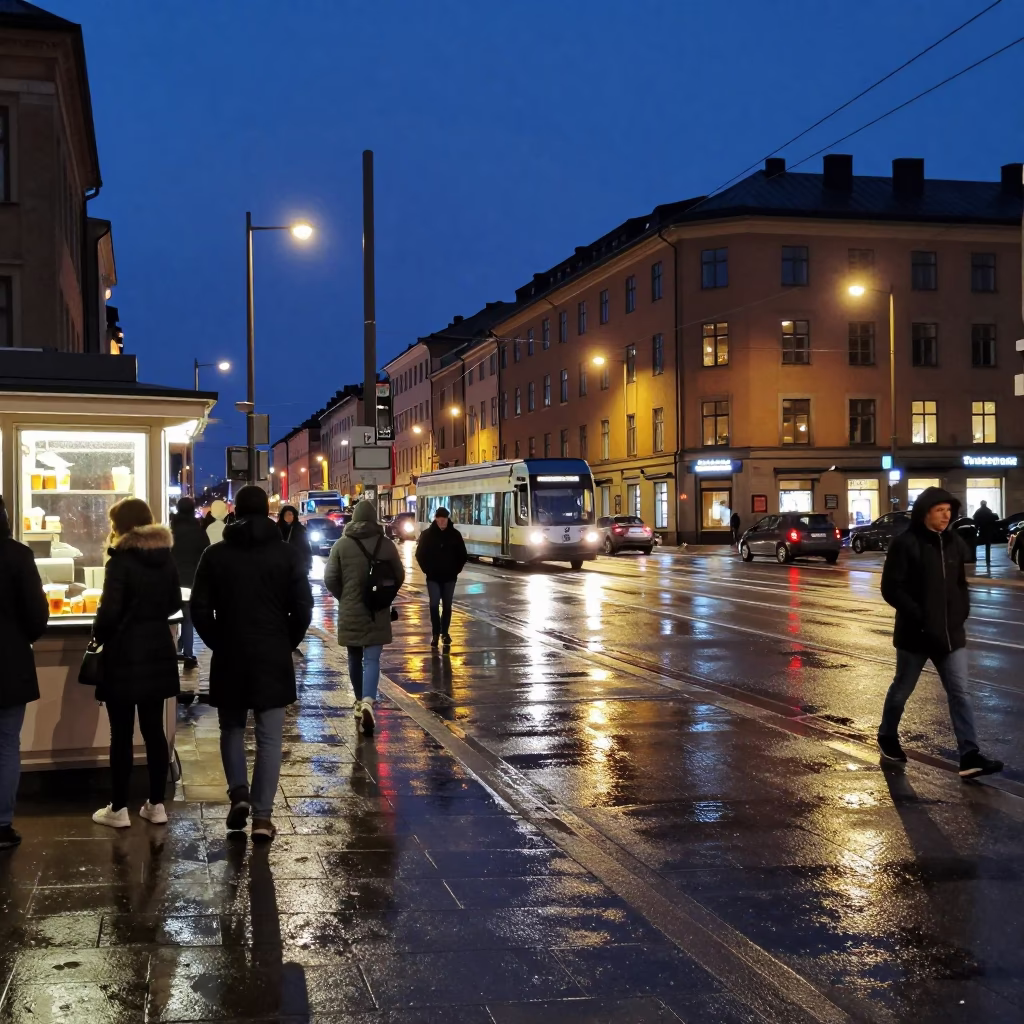 Midnight Stockholm Street Scene with Neon Reflections and Urban Life in in Stockholm, Sweden