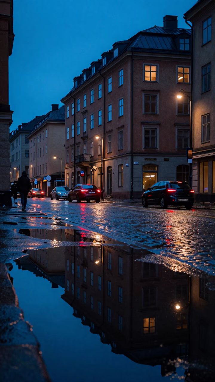 Midnight Stockholm Street Scene with Puddle Reflections of Hotel Windows and Tail Lights in in Stockholm, Sweden