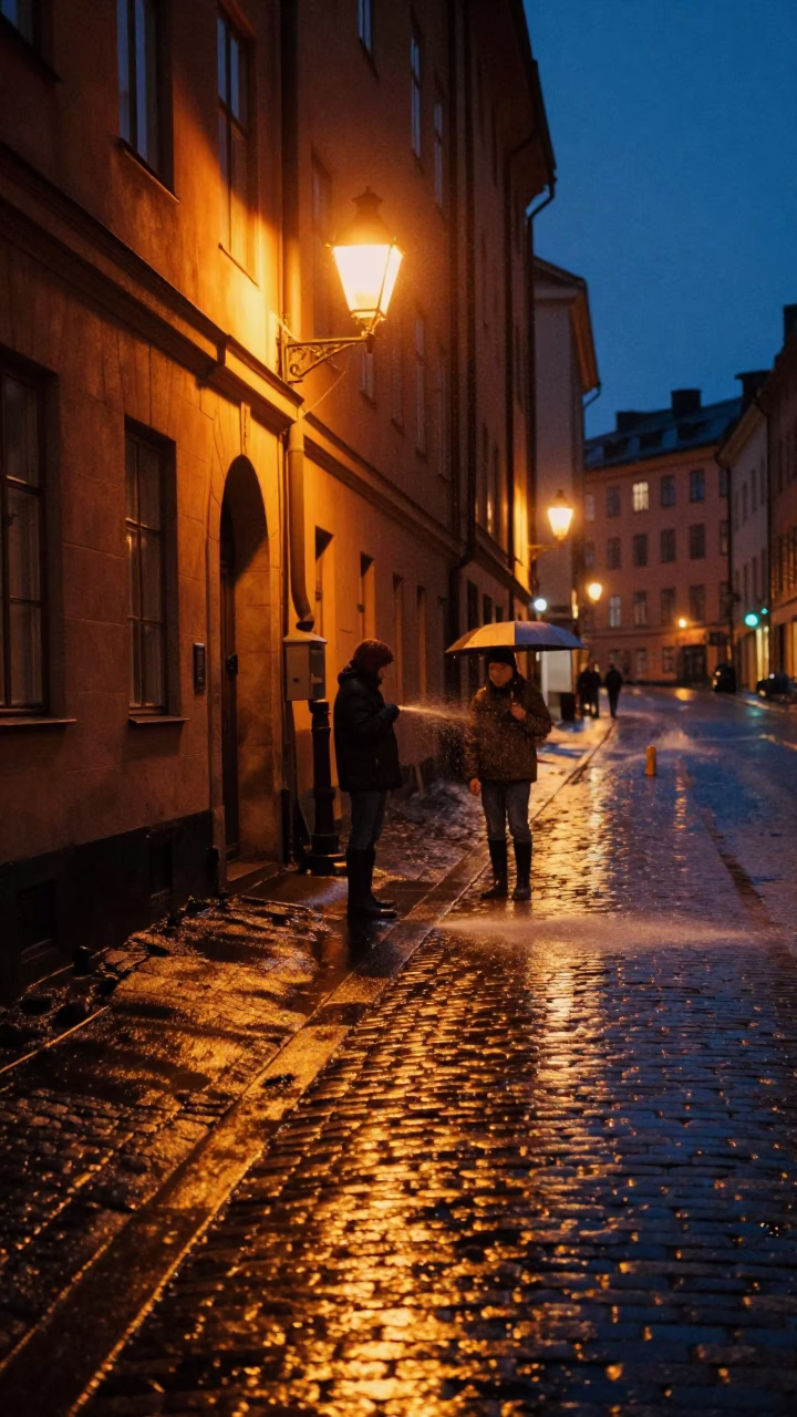 Midnight Stockholm Street Scene with Rain Boots and Watering Jug in in Stockholm, Sweden