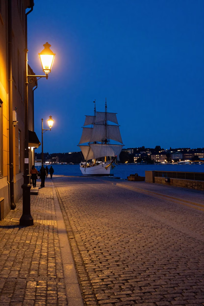 Midnight Stockholm Street Scene with Tall Ship and Blue White Porcelain in in Stockholm, Sweden