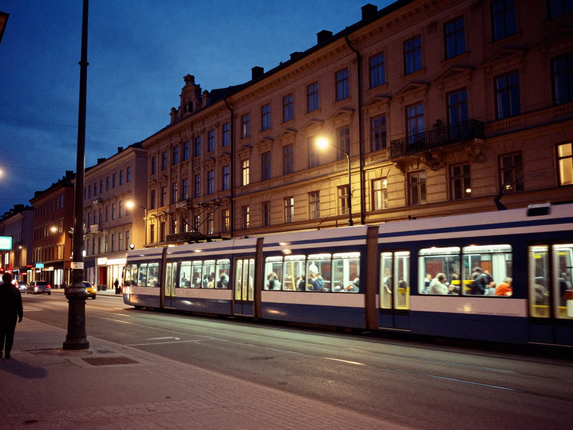 Midnight Stockholm Street Scene with Tram and District Heating Pipes in in Stockholm, Sweden