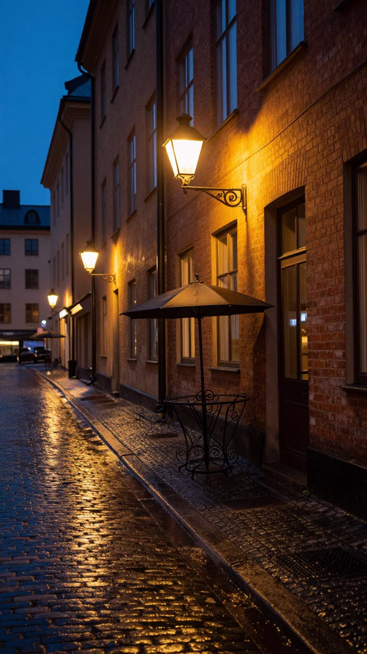 Midnight Stockholm Street Scene with Umbrella Stand and Urban Elements in in Stockholm, Sweden