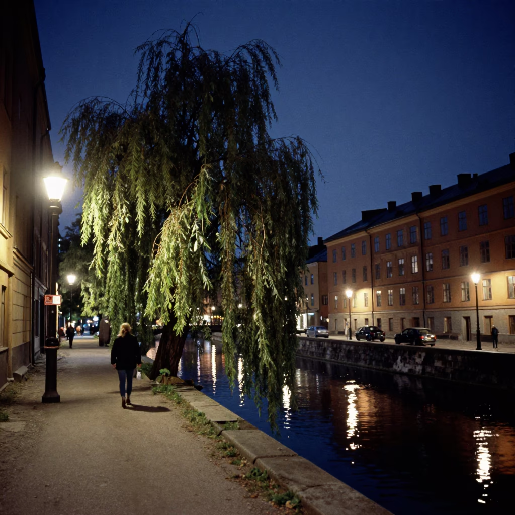 Midnight Stockholm Street Scene with Weeping Willow and Vintage 1980s Atmosphere in in Stockholm, Sweden