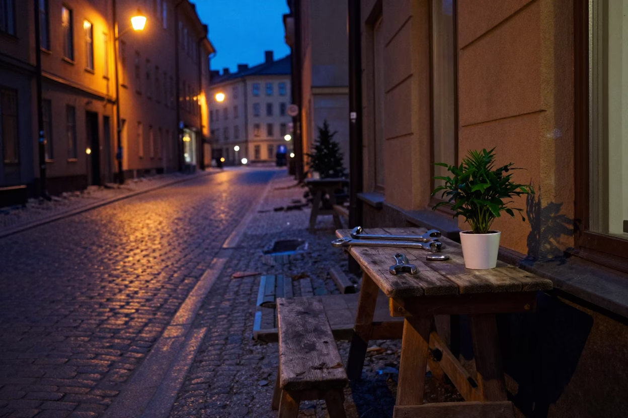 Midnight Stockholm Street Scene with Wrench and Prayer Plant in Window in in Stockholm, Sweden